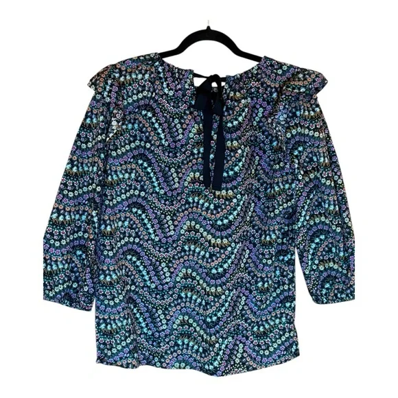 LOFT Ruffled Black Floral 3/4 Sleeve Feminine Blouse  Cotton Tie Back Top - Picture 4 of 13